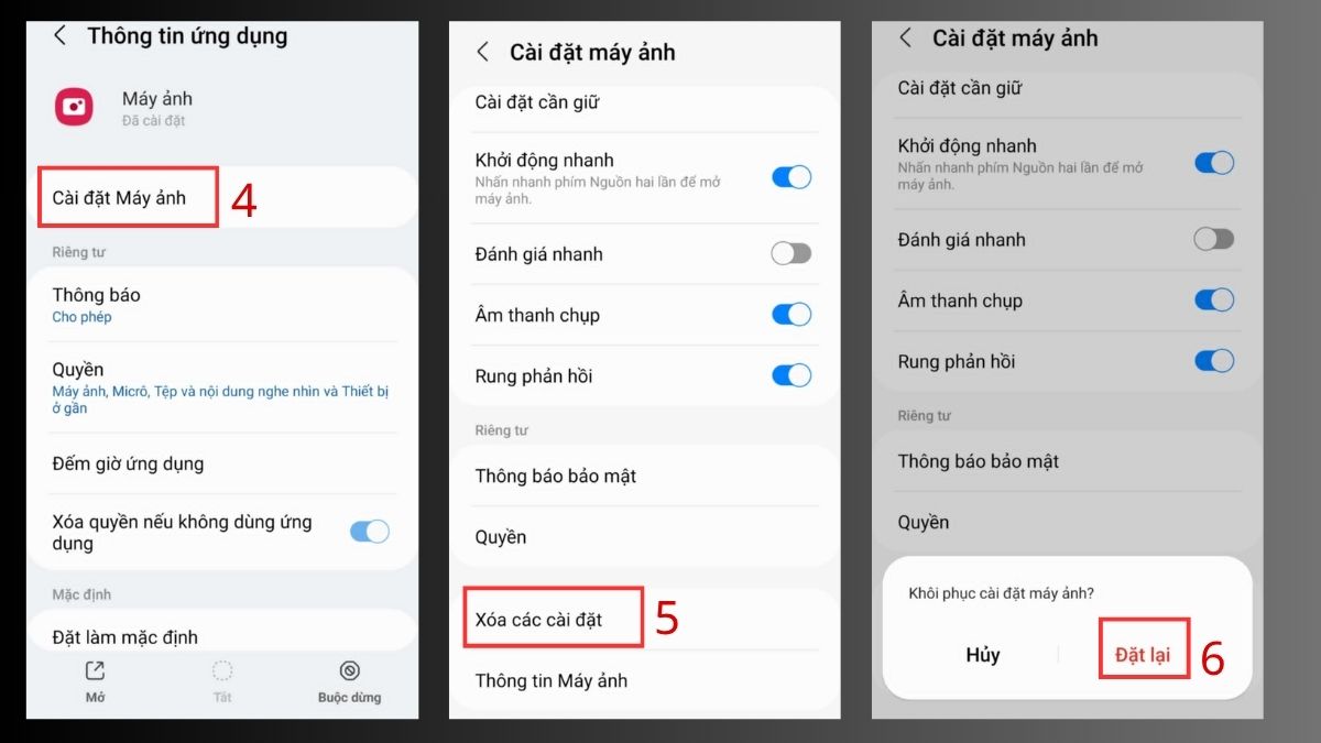 cách khắc phục camera samsung báo lỗi - Đặt lại cài đặt camera - bước 2,3
