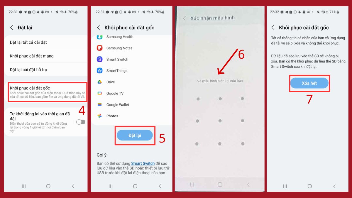 cách khắc phục camera samsung bị lỗi - khôi phục cài đặt gốc điện thoại Samsung -bước 2,3