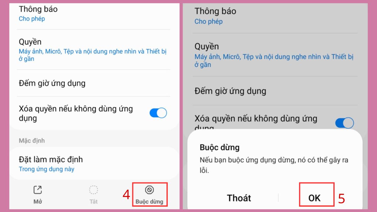 cách khắc phục máy ảnh samsung bị lỗi - Buộc dừng ứng dụng camera - bước 2,3