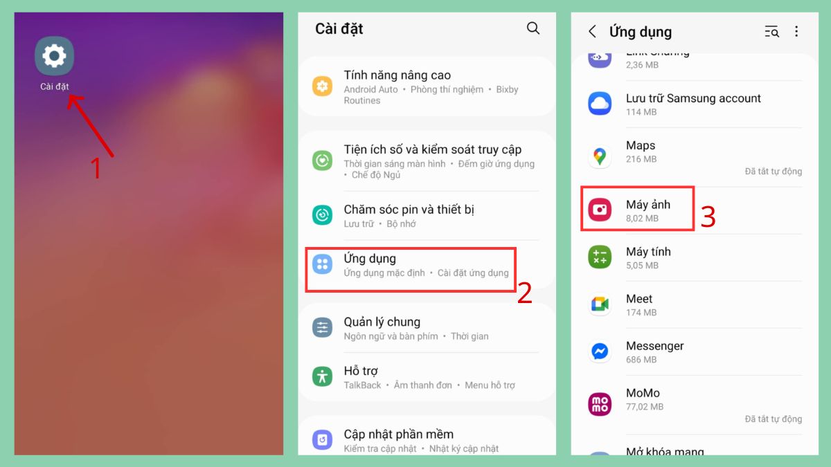 Xóa dữ liệu và bộ nhớ cache của phần mềm camera - bước 1