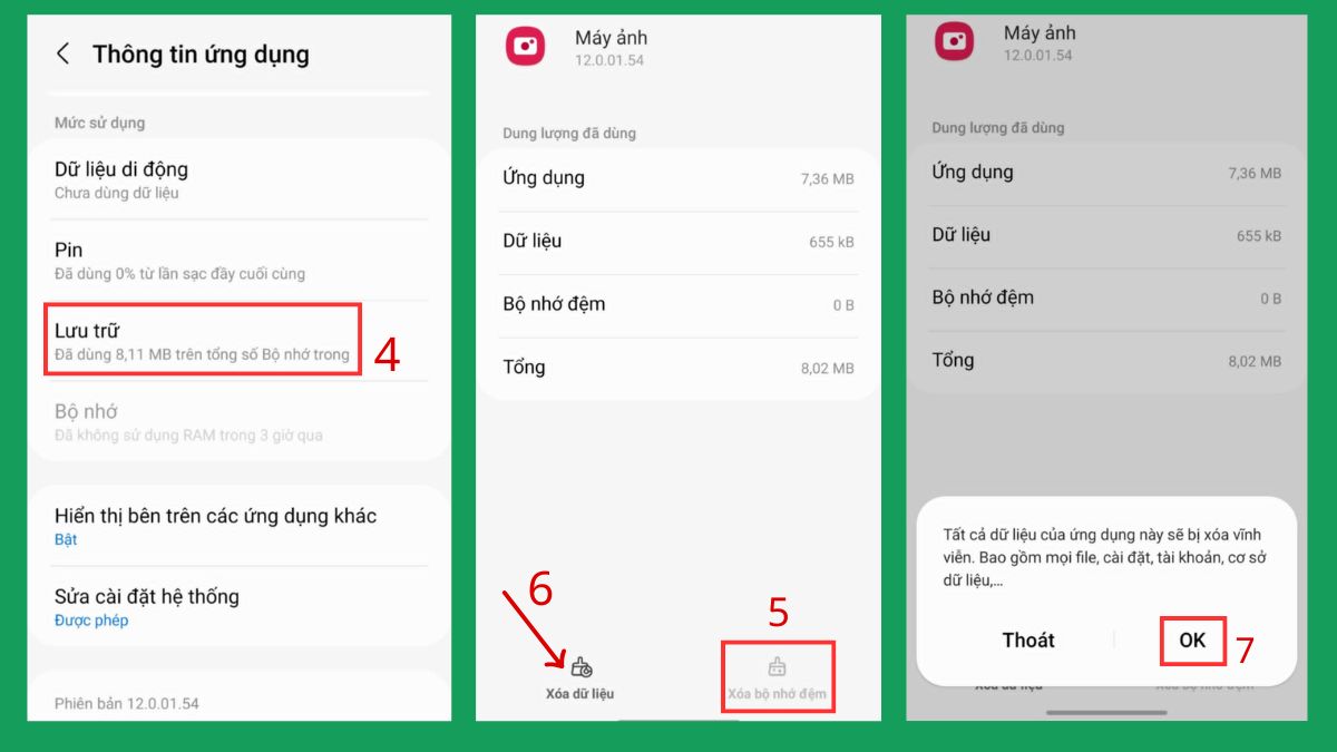 Xóa dữ liệu và bộ nhớ cache của phần mềm camera - bước 2,3