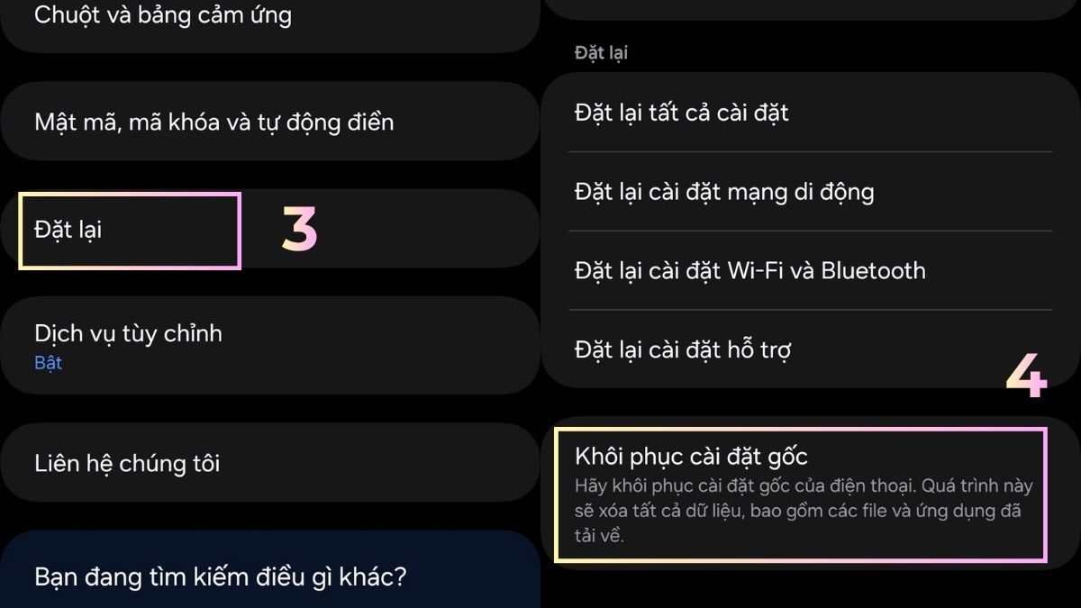 Cách khắc phục lỗi điện thoại không được đăng ký vào mạng - khôi phục cài đặt gốc trên android - bước 2,3