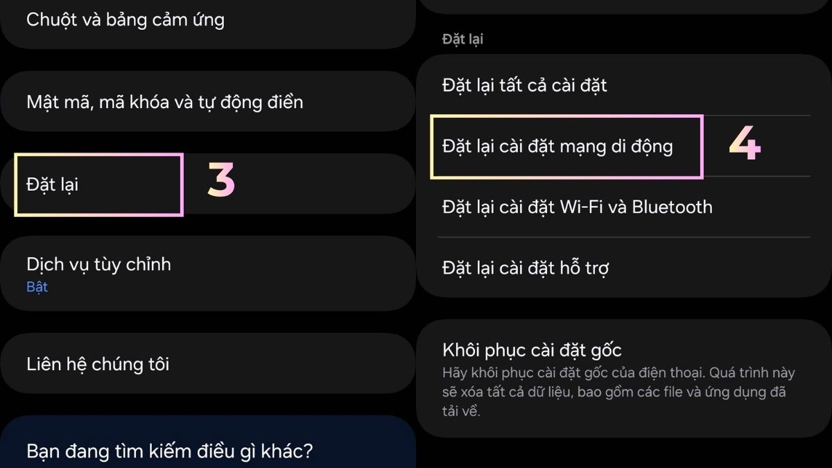 Cách khắc phục lỗi điện thoại không được đăng ký vào mạng - thiết lập lại kết nối mạng trên android - bước 2,3