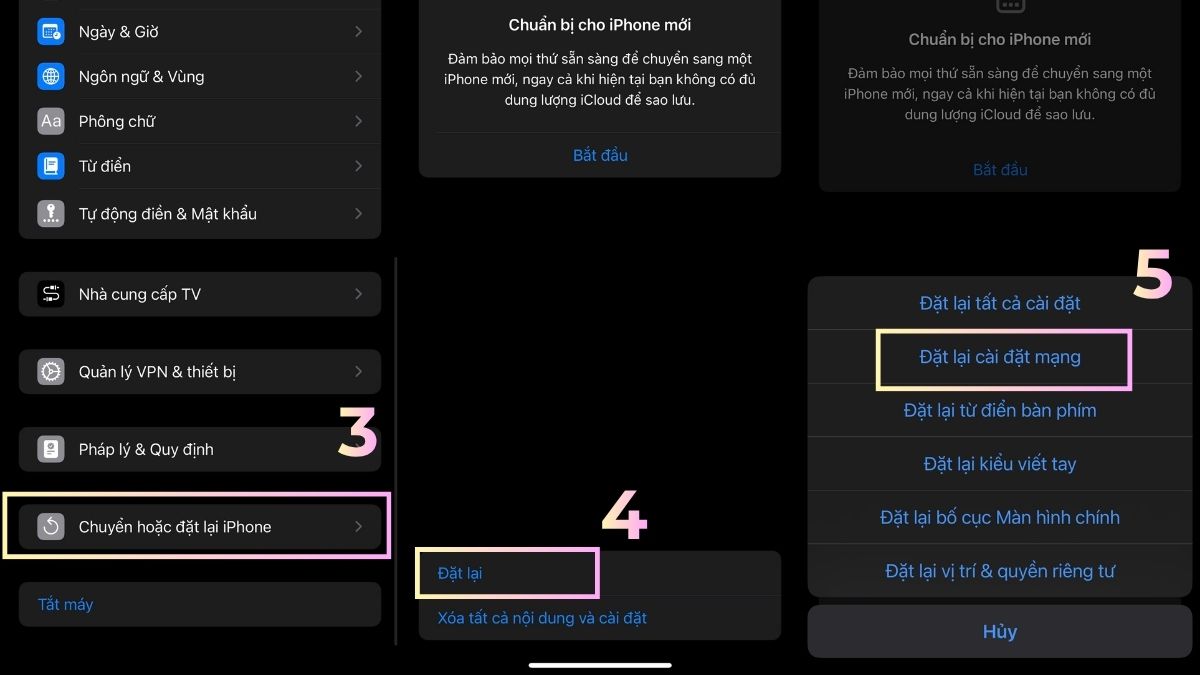 Cách khắc phục lỗi điện thoại không được đăng ký vào mạng - thiết lập lại kết nối mạng trên iphone - bước 2,3