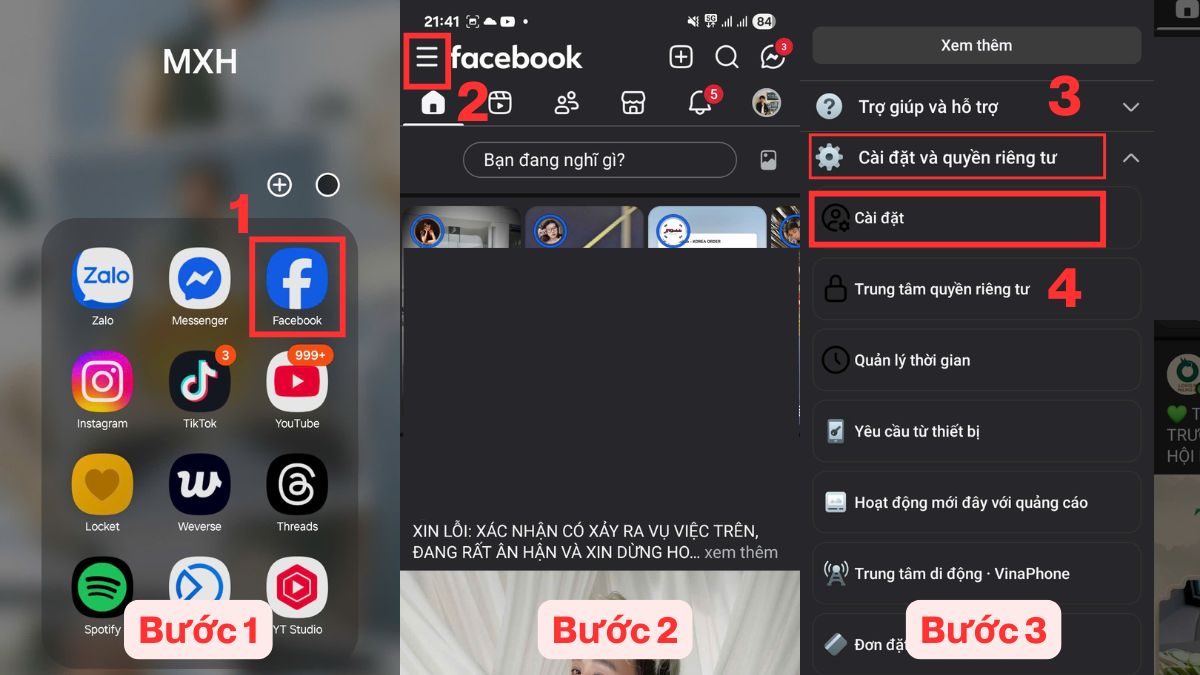 Cách khắc phục lỗi Facebook không load được bảng tin trên Android - cài đặt bảng tin - bước 1,2,3