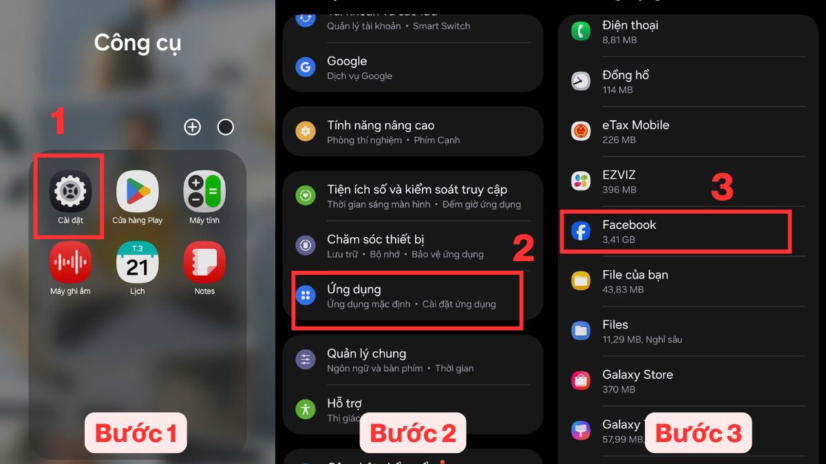 Cách khắc phục lỗi Facebook không load được bảng tin trên Android - xóa dữ liệu facebook - bước 1,2,3