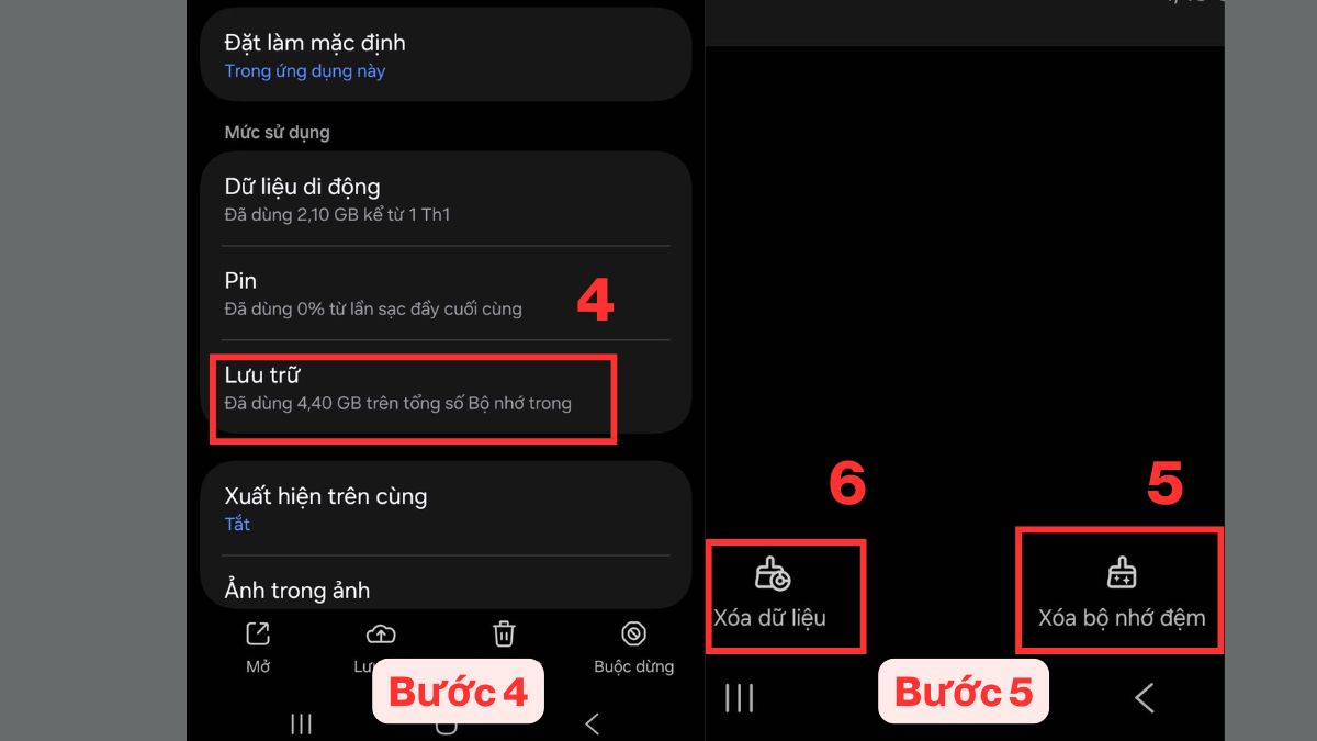 Cách khắc phục lỗi Facebook không load được bảng tin trên Android - xóa dữ liệu facebook - bước 4,5