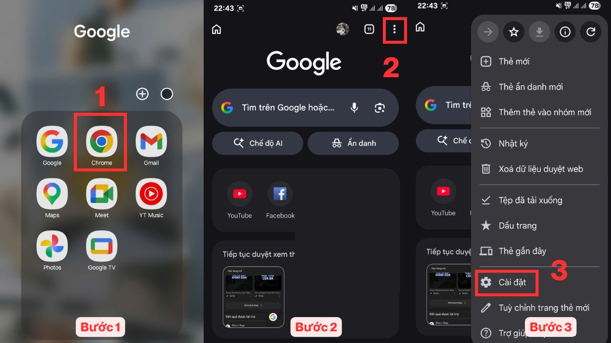 Cách khắc phục lỗi Facebook không load được bảng tin trên Android - xóa dữ liệu web trên chrome - bước 1,2,3
