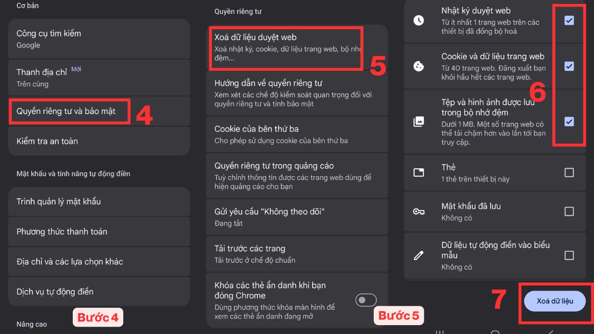 Cách khắc phục lỗi Facebook không load được bảng tin trên Android - xóa dữ liệu web trên chrome - bước 4,5