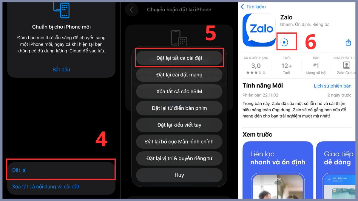 Cách khắc phục lỗi gọi Zalo bị tắt màn hình - khôi phục cài đặt gốc - bước 3,4