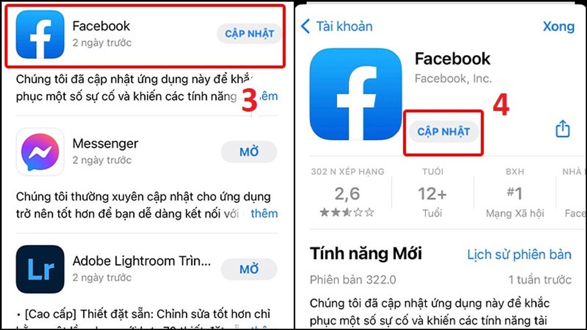 Cách sửa lỗi không theo dõi được trên Facebook - cập nhật lại ứng dụng - bước 3,4