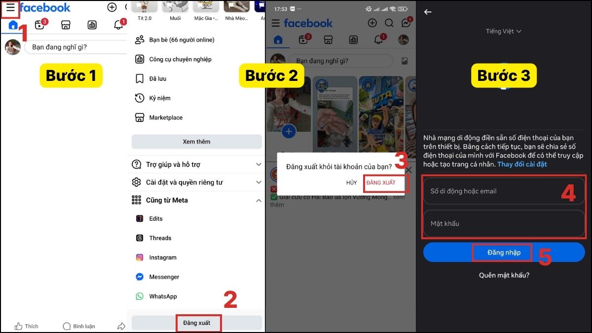 Cách khắc phục Facebook không hiện Reels hiệu quả -  đăng xuất và đăng nhập lại tài khoản - bước 1,2,3