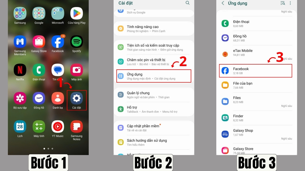 Cách khắc phục lỗi Facebook không vào được - xóa cache và dữ liệu ứng dụng facebook - bước 1,2