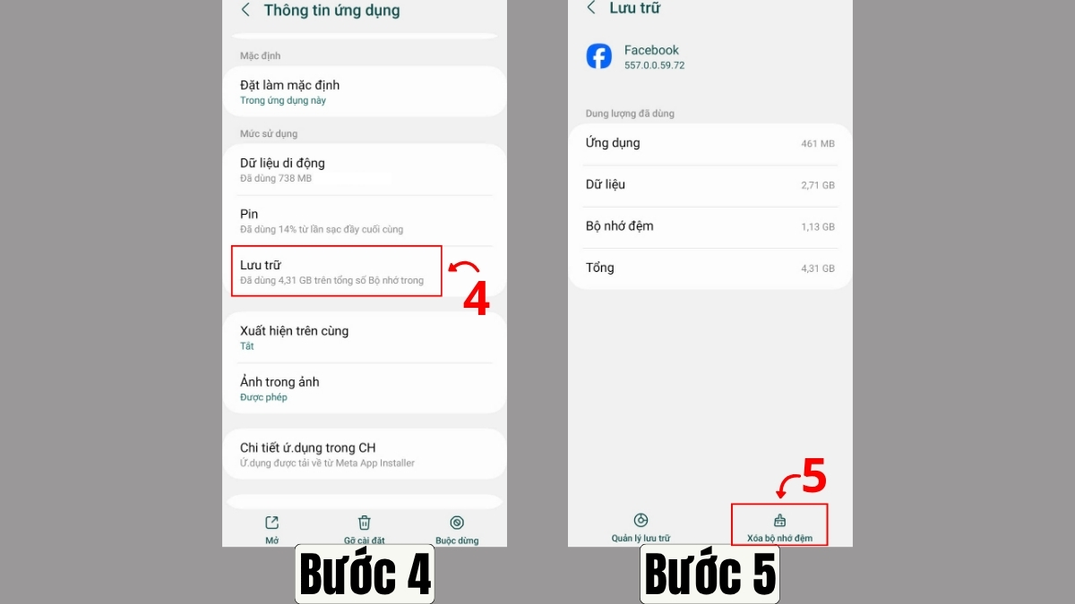 Cách khắc phục lỗi Facebook không vào được - xóa cache và dữ liệu ứng dụng facebook - bước 4,5
