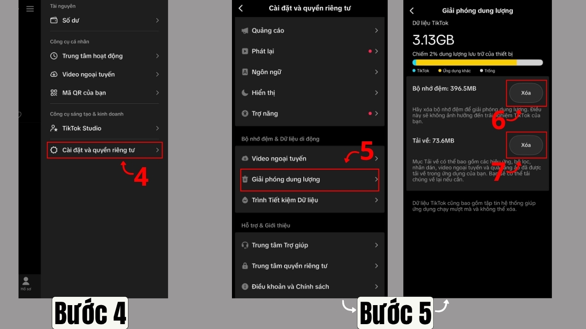 Cách khắc phục lỗi truy cập quá thường xuyên trên TikTok - xóa cache và dữ liệu - bước 4,5