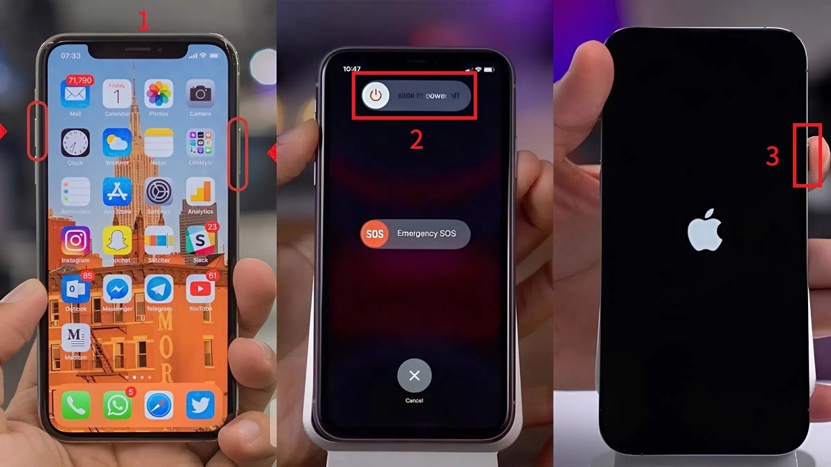 Cách khắc phục màn hình điện thoại bị đốm vàng với iOS - khởi động lại máy - bước 1,2,3