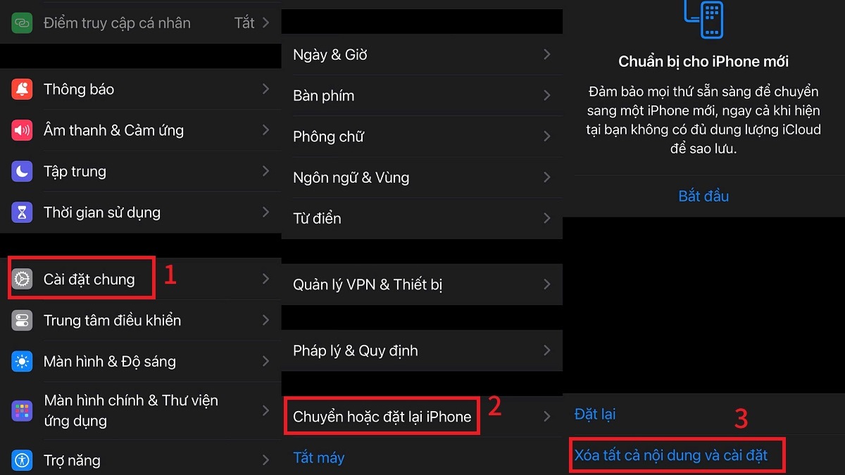 Cách khắc phục màn hình điện thoại bị đốm vàng với iOS - khôi phục cài đặt gốc - bước 1,2,3