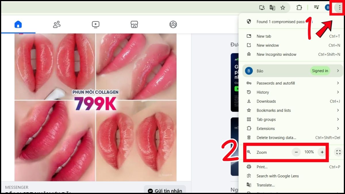 Cách khắc phục màn hình Facebook bị phóng to, thu nhỏ trên máy tính - điều chỉnh menu trình duyệt