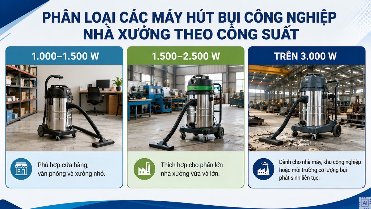 Phân loại các máy hút bụi công nghiệp nhà xưởng - theo công suất