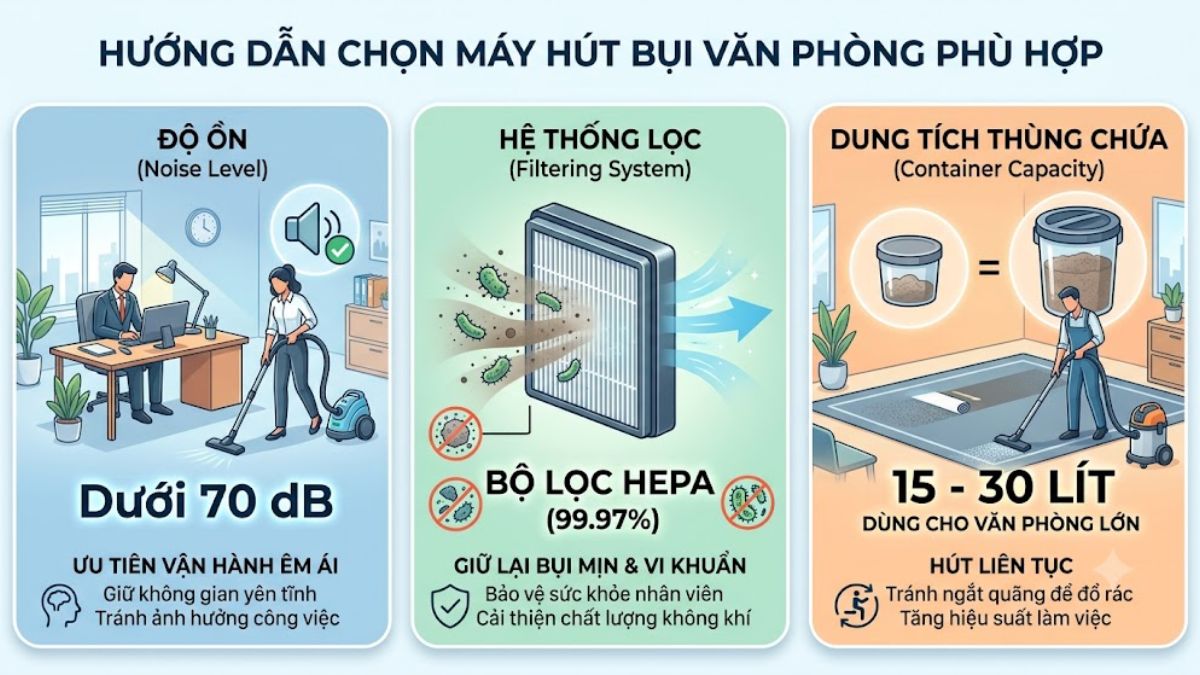 Tiêu chí chọn máy hút bụi văn phòng - độ ồn và bộ lọc