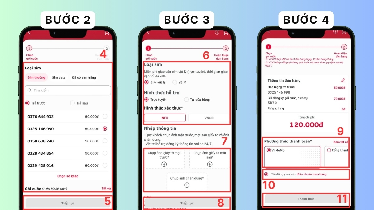 Mua SIM Viettel trên My Viettel - bước 2,3,4