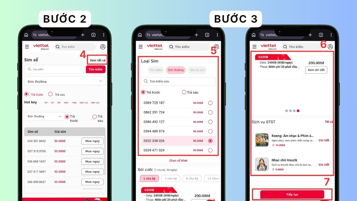 Mua SIM Viettel qua website chính thức - bước 2,3