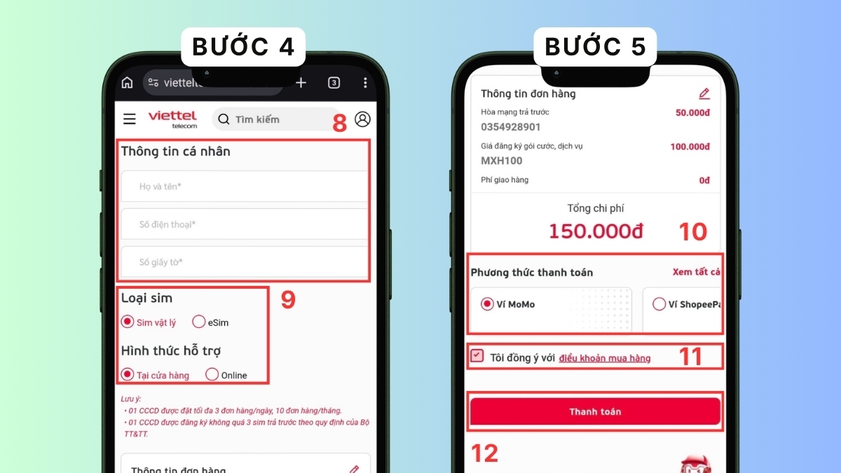Mua SIM Viettel qua website chính thức - bước 4,5