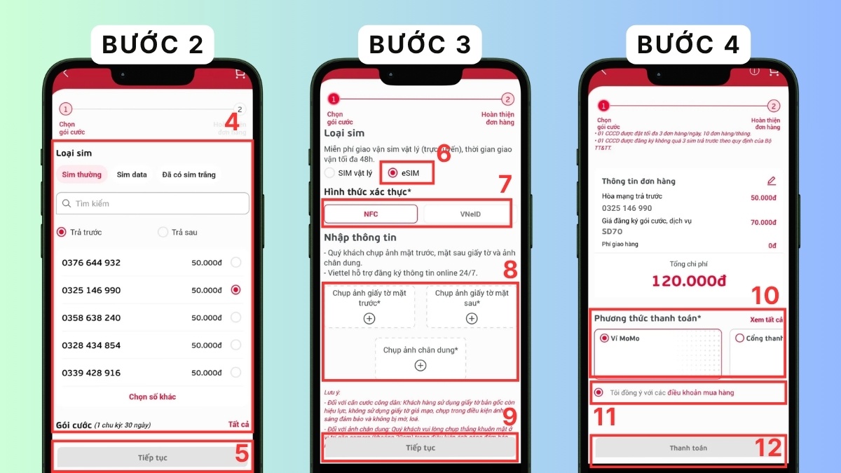 Hướng dẫn mua eSIM online Viettel cho thiết bị di động - bước 2,3,4