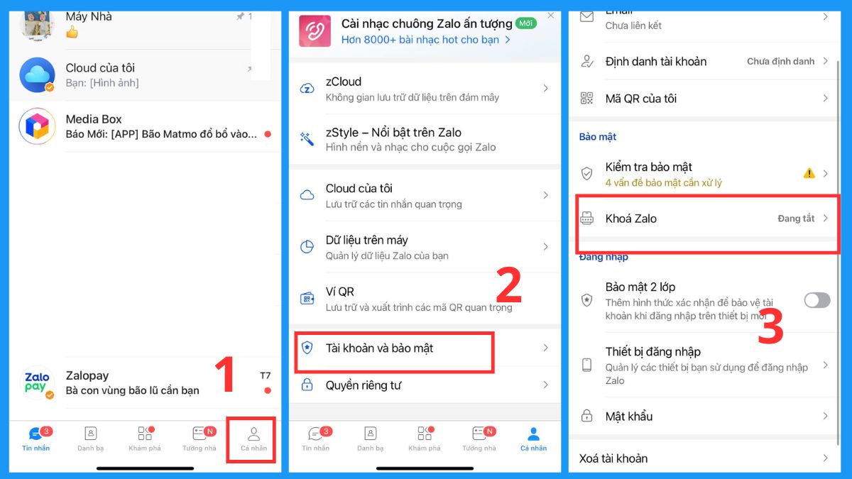 Nhắn tin qua Zalo có an toàn không? Đặt mật khẩu ứng dụng Zalo - bước 1,2,3