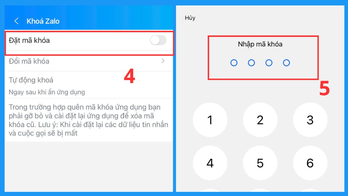 Nhắn tin qua Zalo có an toàn không? Đặt mật khẩu ứng dụng Zalo - bước 4,5