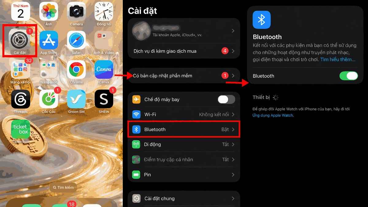 Cách phản chiếu màn hình iPhone lên tivi Samsung không có ứng dụng sử dụng bluetooth - bước 1