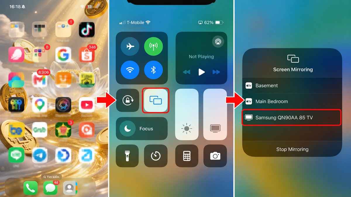 Cách phản chiếu màn hình iPhone lên tivi Samsung không có ứng dụng sử dụng screem mirroring - bước 2,3