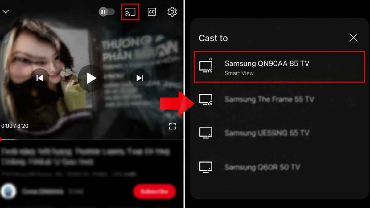 Phát/truyền video Youtube từ iPhone lên tivi Samsung - bước 2,3