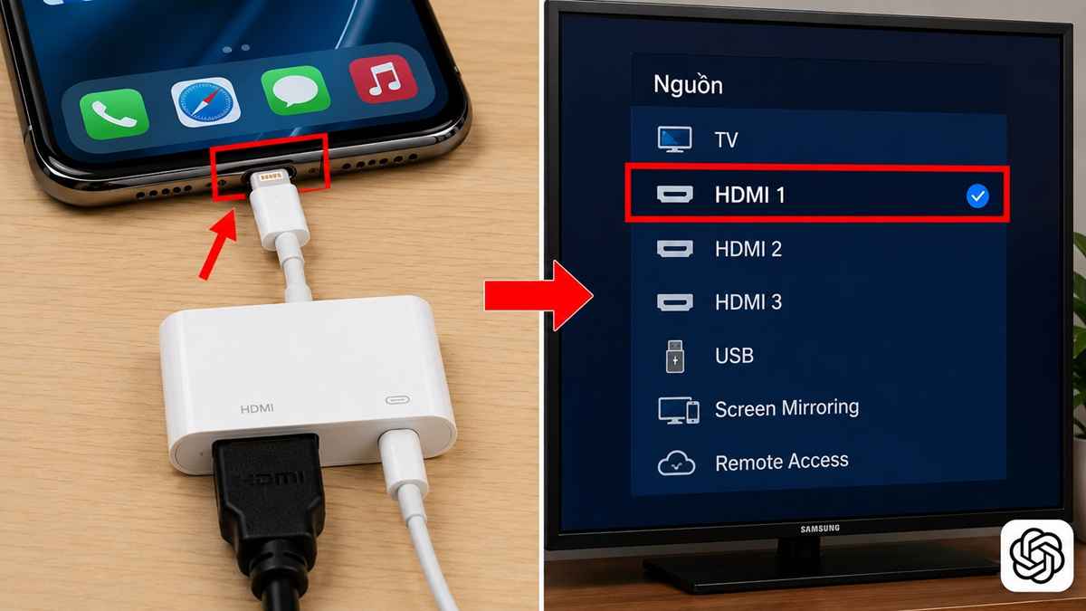 Cách kết nối iPhone với tivi Samsung bằng dây cáp hdmi - bước 2,3