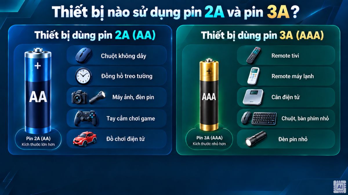 Thiết bị nào sử dụng pin 2A và pin 3A?