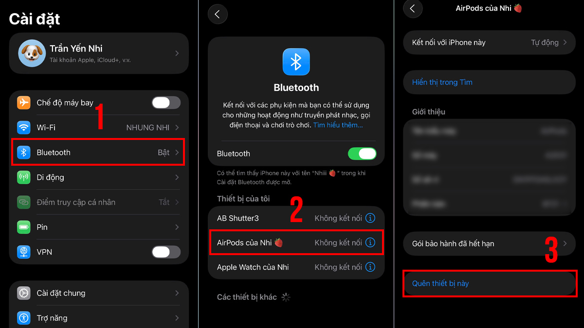 cách sửa tai nghe bluetooth không kết nối được với điện thoại - hủy ghép đôi rồi kết nối lại - bước 1,2,3