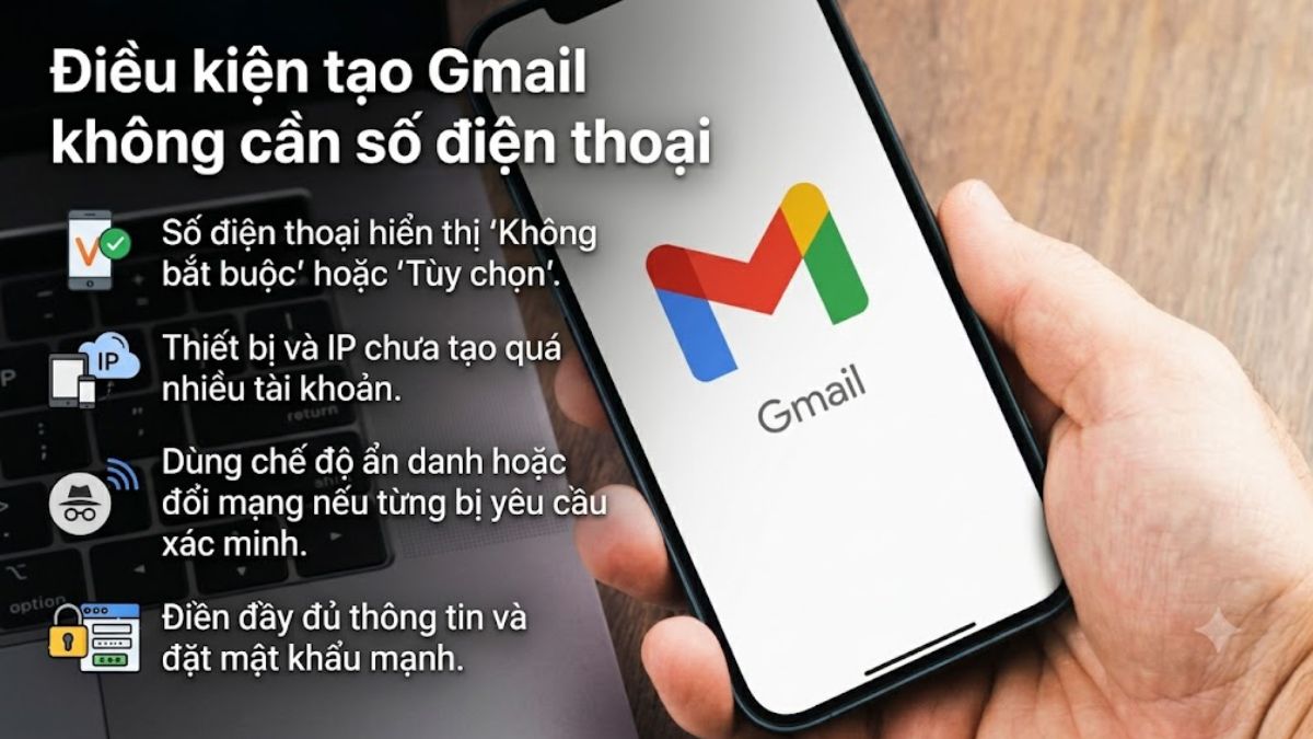 Điều kiện để đăng ký Gmail không cần số điện thoại thành công