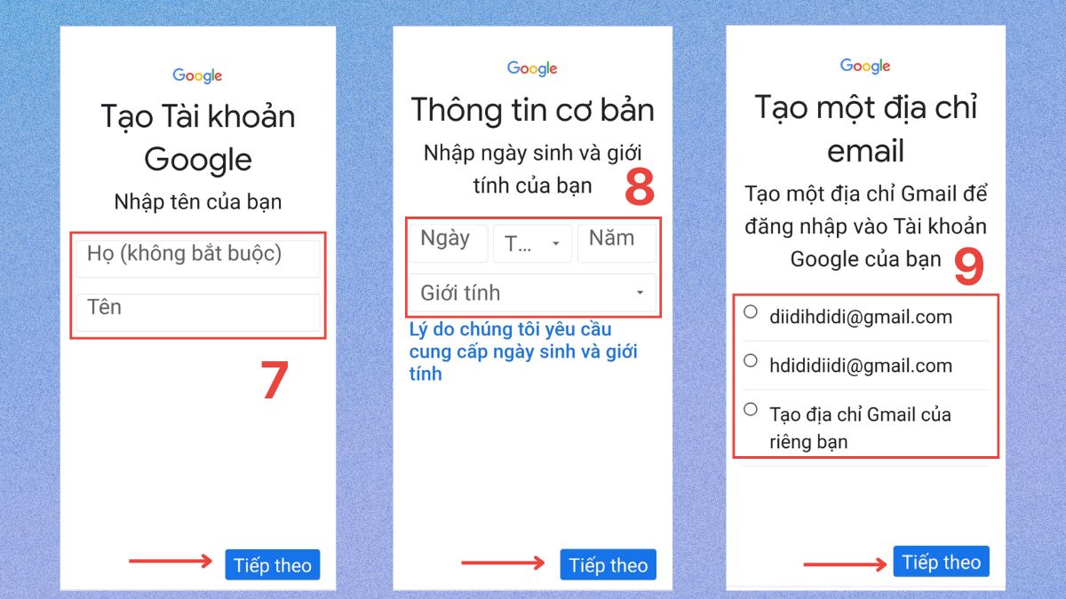 Đăng ký Gmail không cần số điện thoại trên Android - bước 3