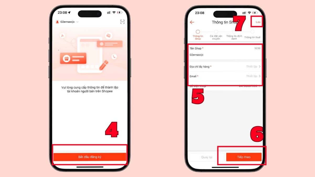 Cách tạo kênh người bán Shopee bằng điện thoại - bước 4,5,6,7