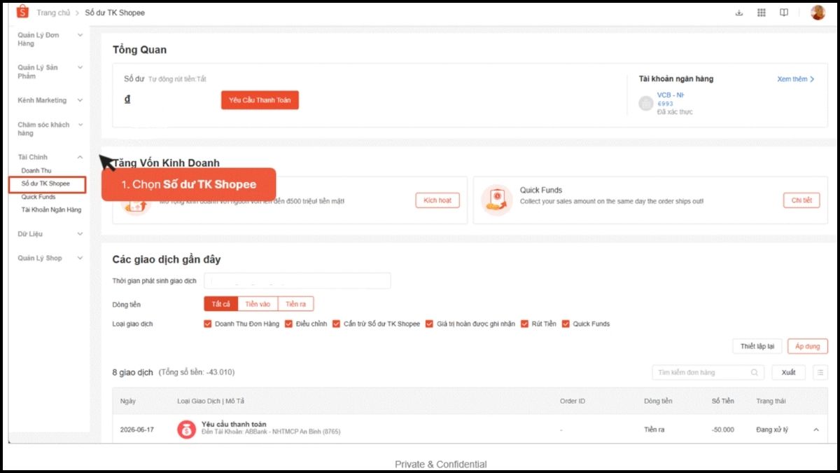 Hướng dẫn cách sử dụng kênh bán Shopee - liên kết tài khoản ngân hàng - bước 1