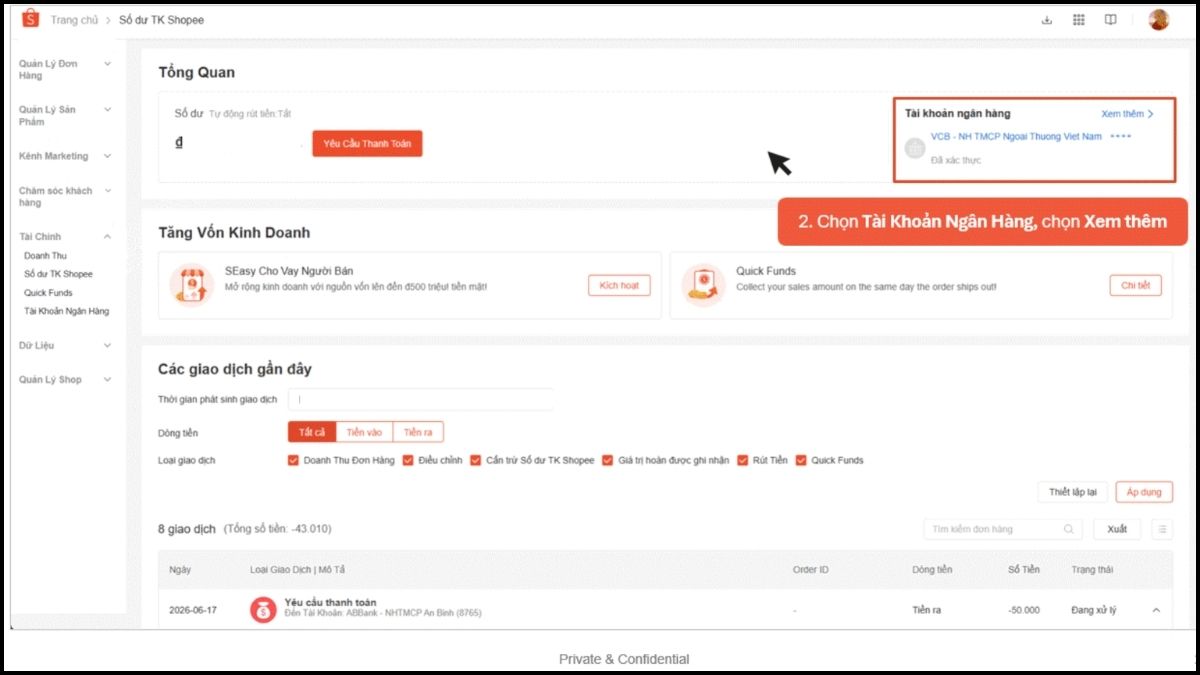 Hướng dẫn cách sử dụng kênh bán Shopee - liên kết tài khoản ngân hàng - bước 2