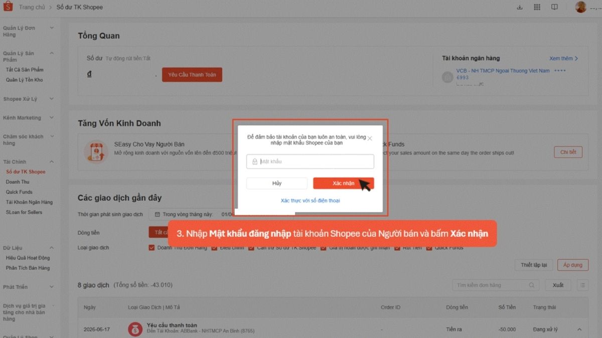 Hướng dẫn cách sử dụng kênh bán Shopee - liên kết tài khoản ngân hàng - bước 3