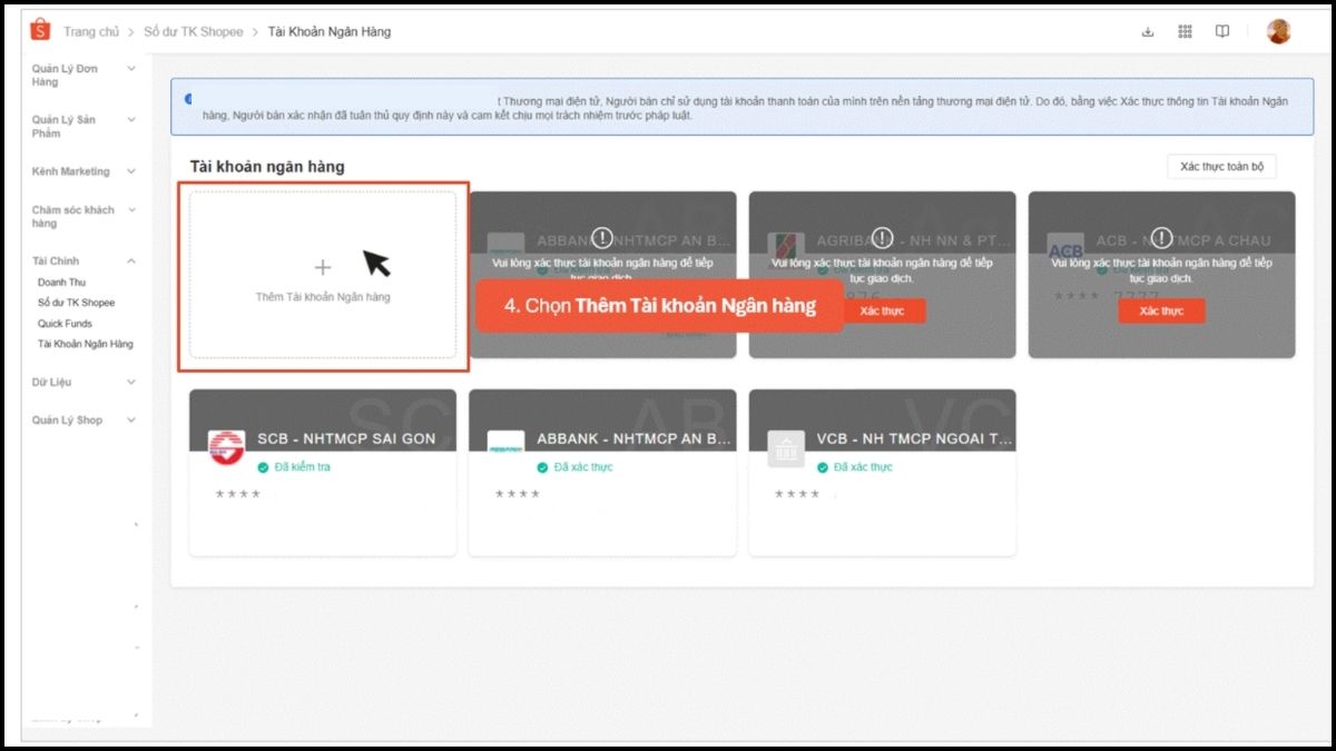 Hướng dẫn cách sử dụng kênh bán Shopee - liên kết tài khoản ngân hàng - bước 4