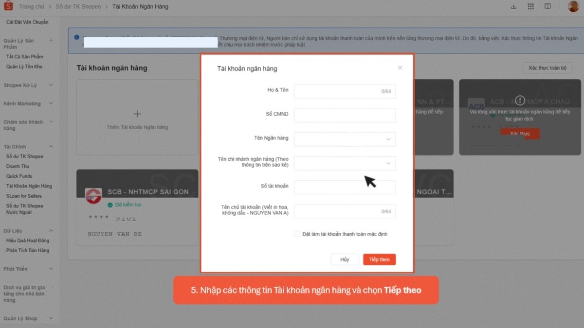 Hướng dẫn cách sử dụng kênh bán Shopee - liên kết tài khoản ngân hàng - bước 5