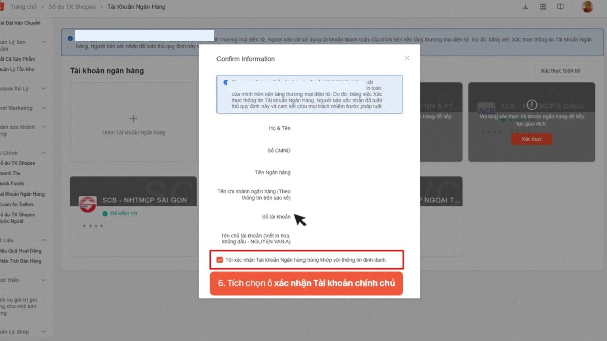 Hướng dẫn cách sử dụng kênh bán Shopee - liên kết tài khoản ngân hàng - bước 6