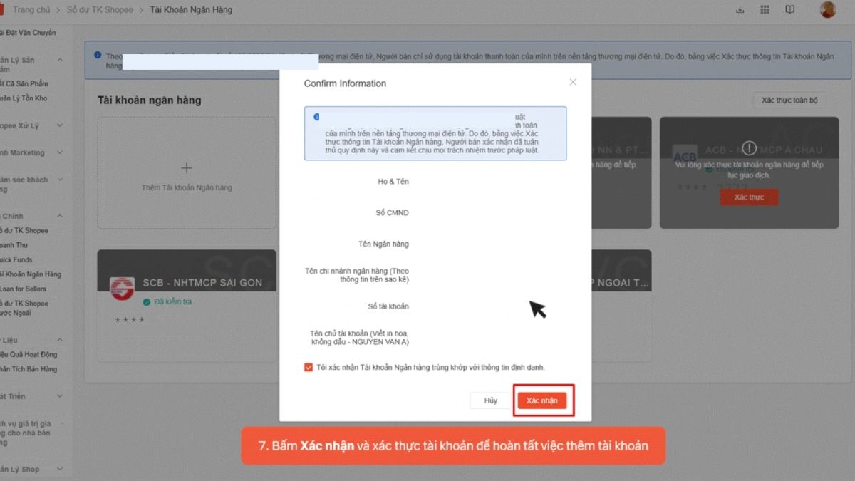 Hướng dẫn cách sử dụng kênh bán Shopee - liên kết tài khoản ngân hàng - bước 7