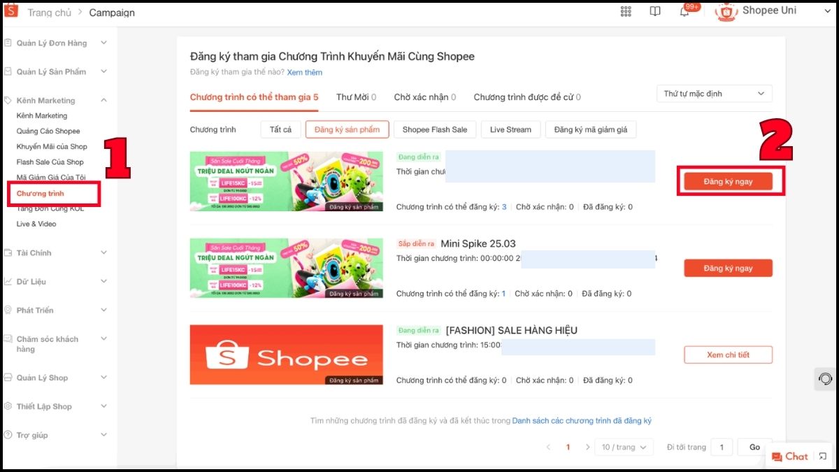 Hướng dẫn cách sử dụng kênh bán Shopee - tham gia vào chương trình khuyến mãi - bước 1