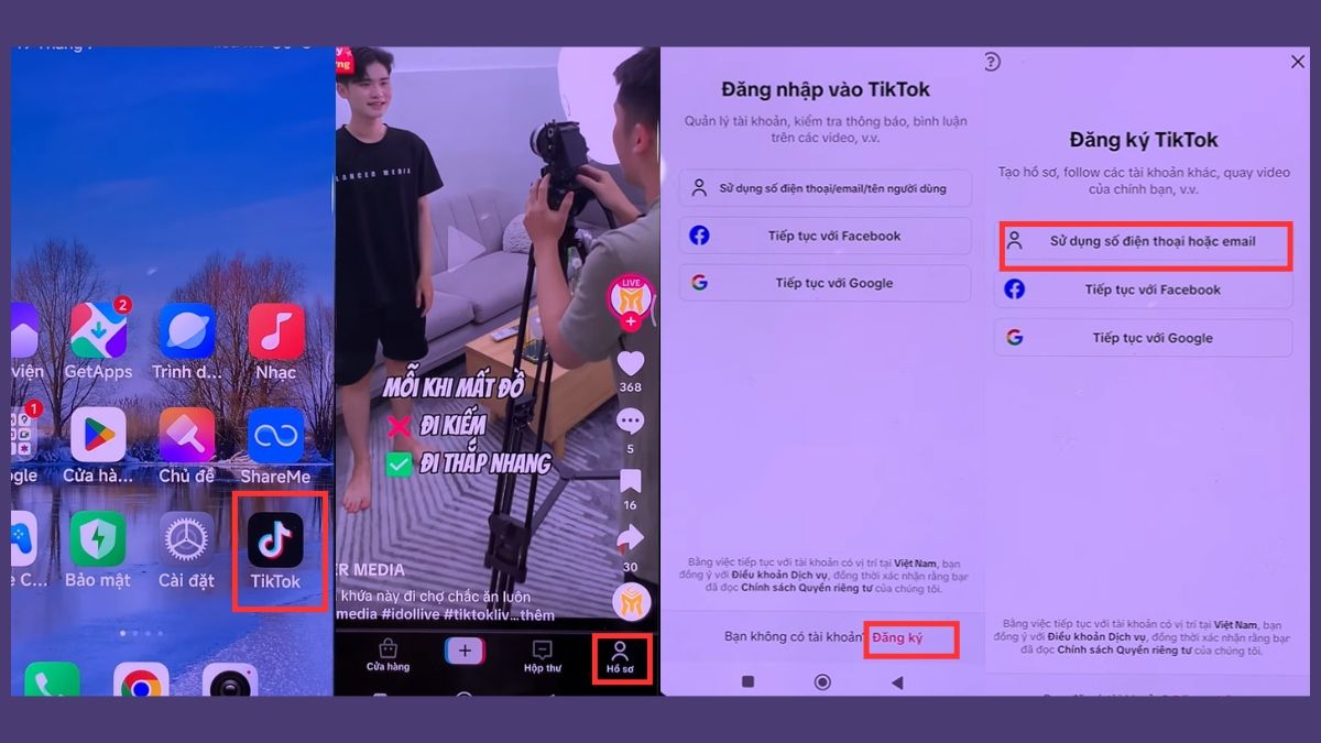 Tạo tài khoản TikTok bằng Gmail - bước 1,2,3