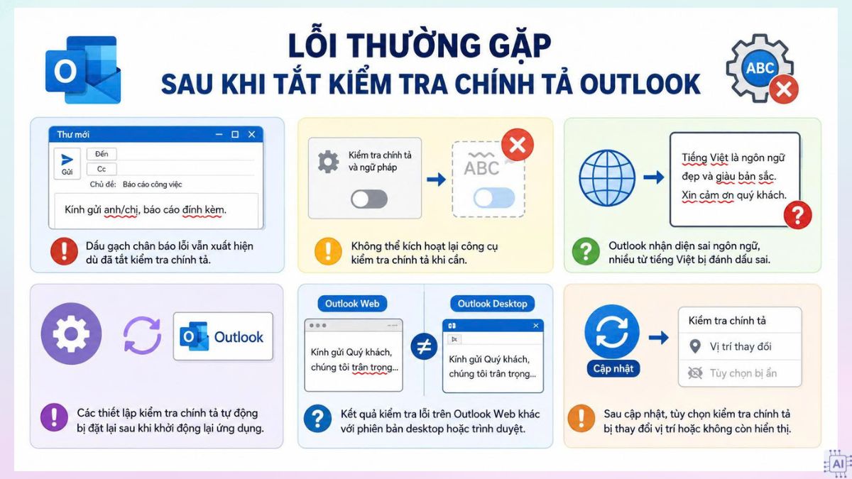 Các lỗi thường gặp sau khi tắt kiểm tra chính tả Outlook