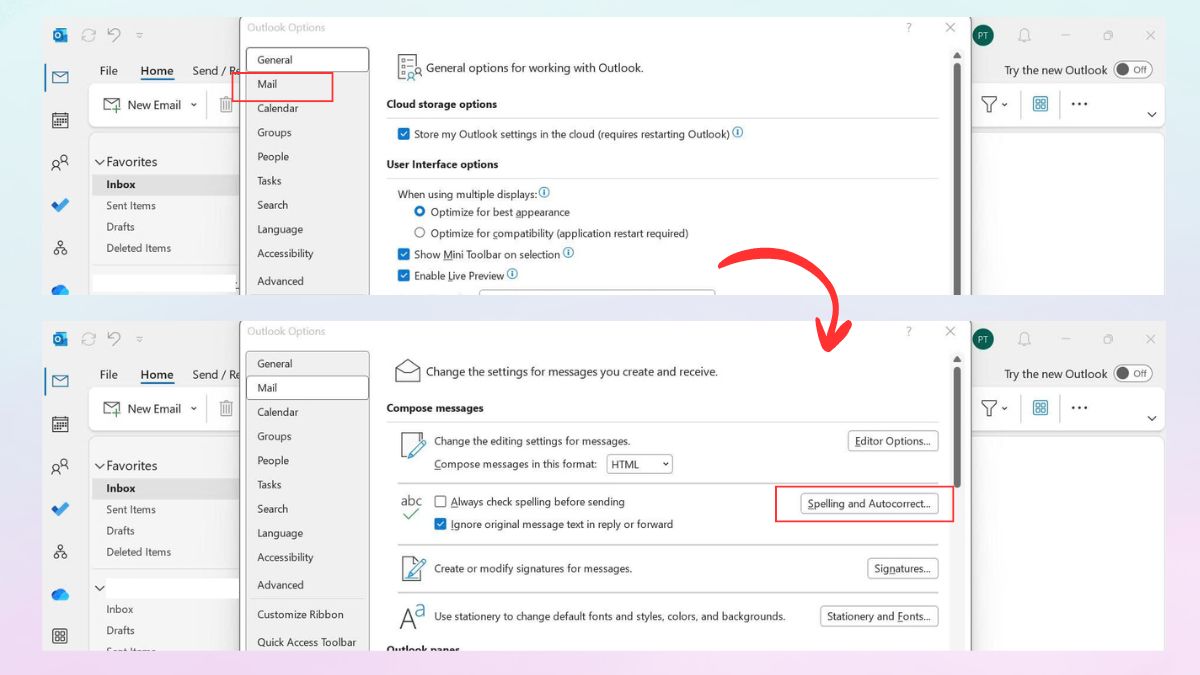Cách tắt kiểm tra chính tả trong Outlook trên máy tính - bước 2,3